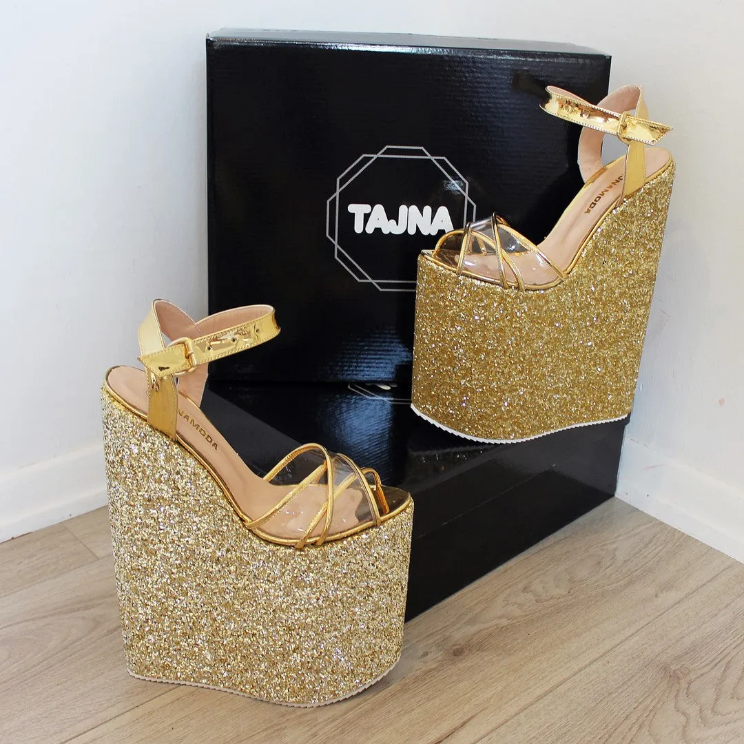 30 cm Gold Shiny Platforms High Heeles Wedge