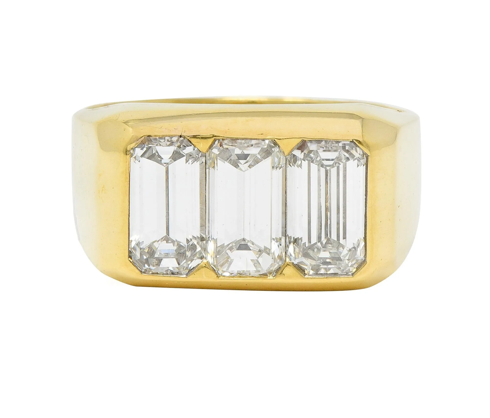 3.48 CTW Flush Emerald Cut Diamond 18 Karat Yellow Gold Vintage Three Stone Unisex Ring