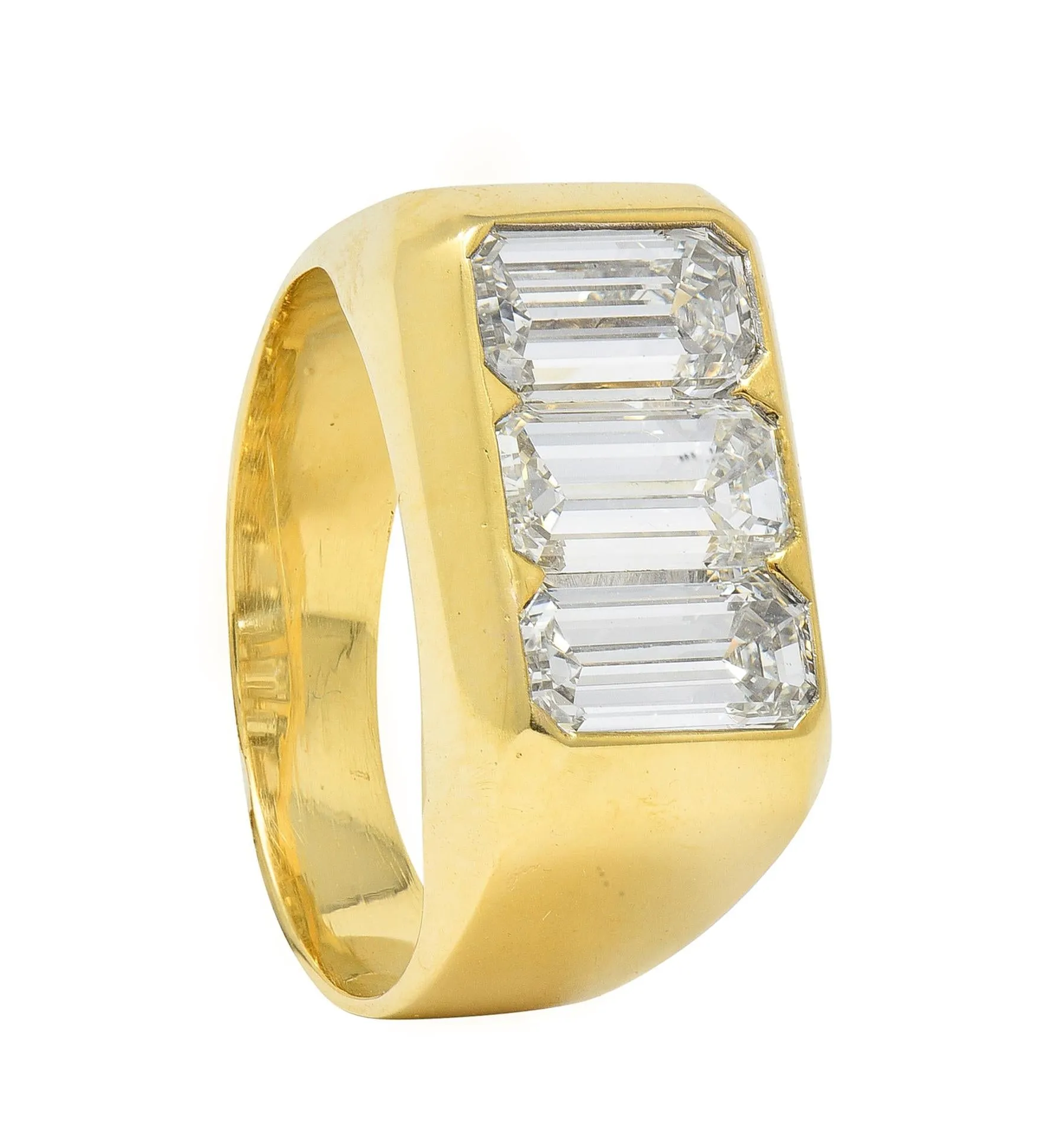 3.48 CTW Flush Emerald Cut Diamond 18 Karat Yellow Gold Vintage Three Stone Unisex Ring