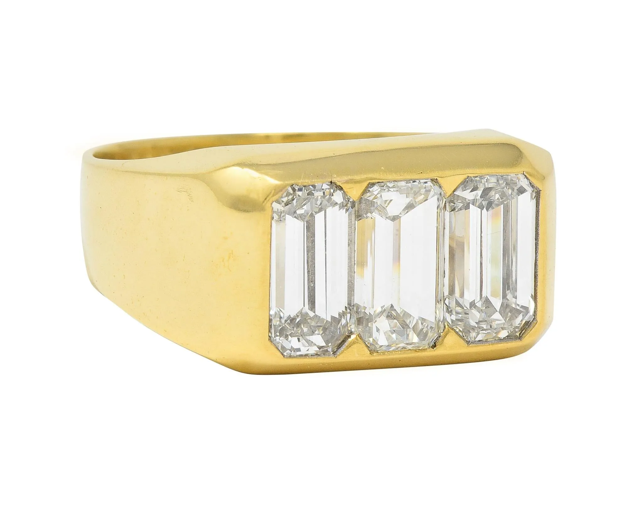 3.48 CTW Flush Emerald Cut Diamond 18 Karat Yellow Gold Vintage Three Stone Unisex Ring