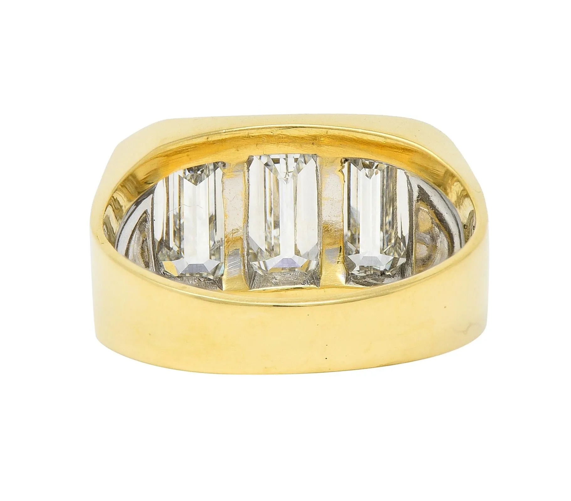 3.48 CTW Flush Emerald Cut Diamond 18 Karat Yellow Gold Vintage Three Stone Unisex Ring