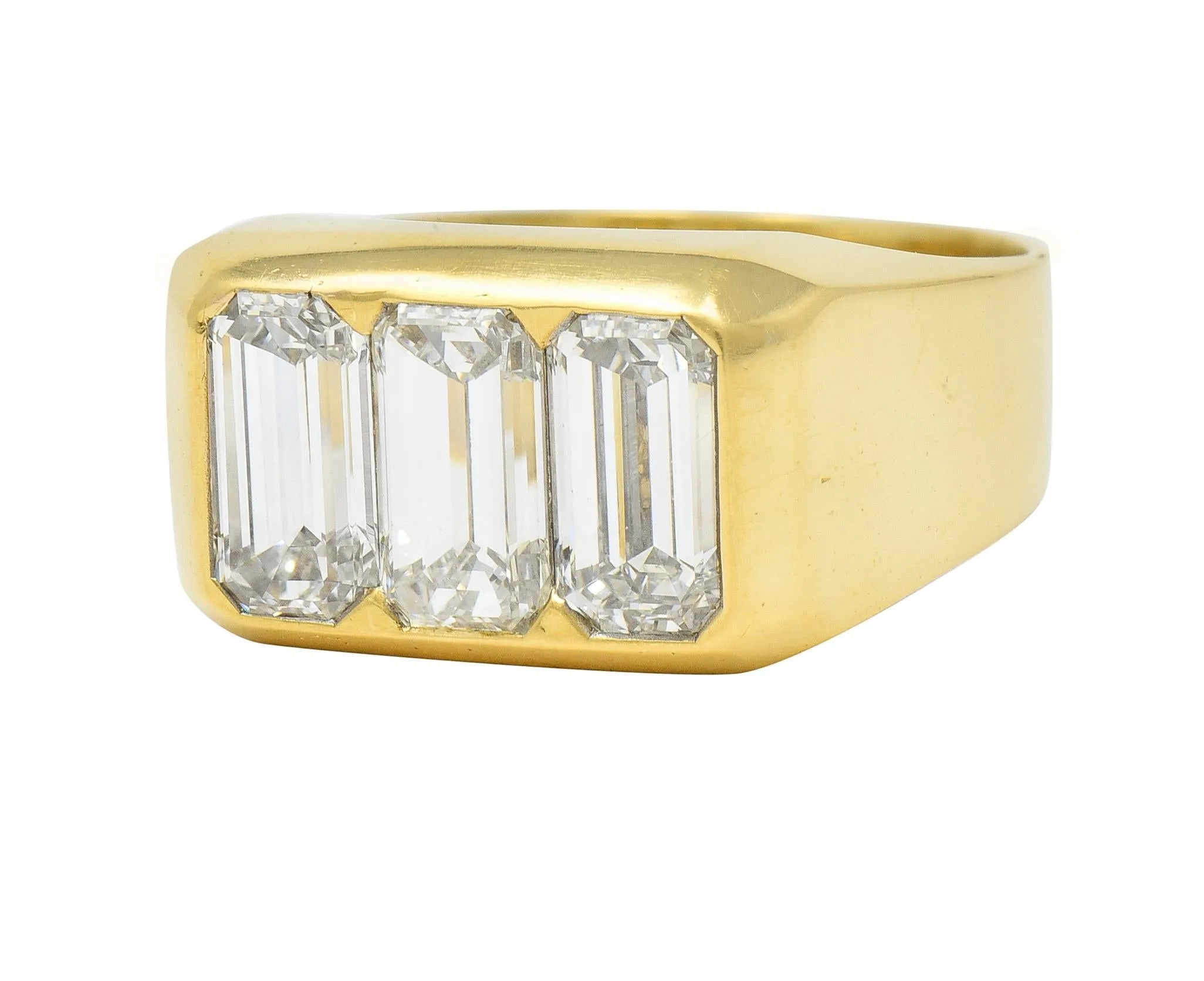 3.48 CTW Flush Emerald Cut Diamond 18 Karat Yellow Gold Vintage Three Stone Unisex Ring