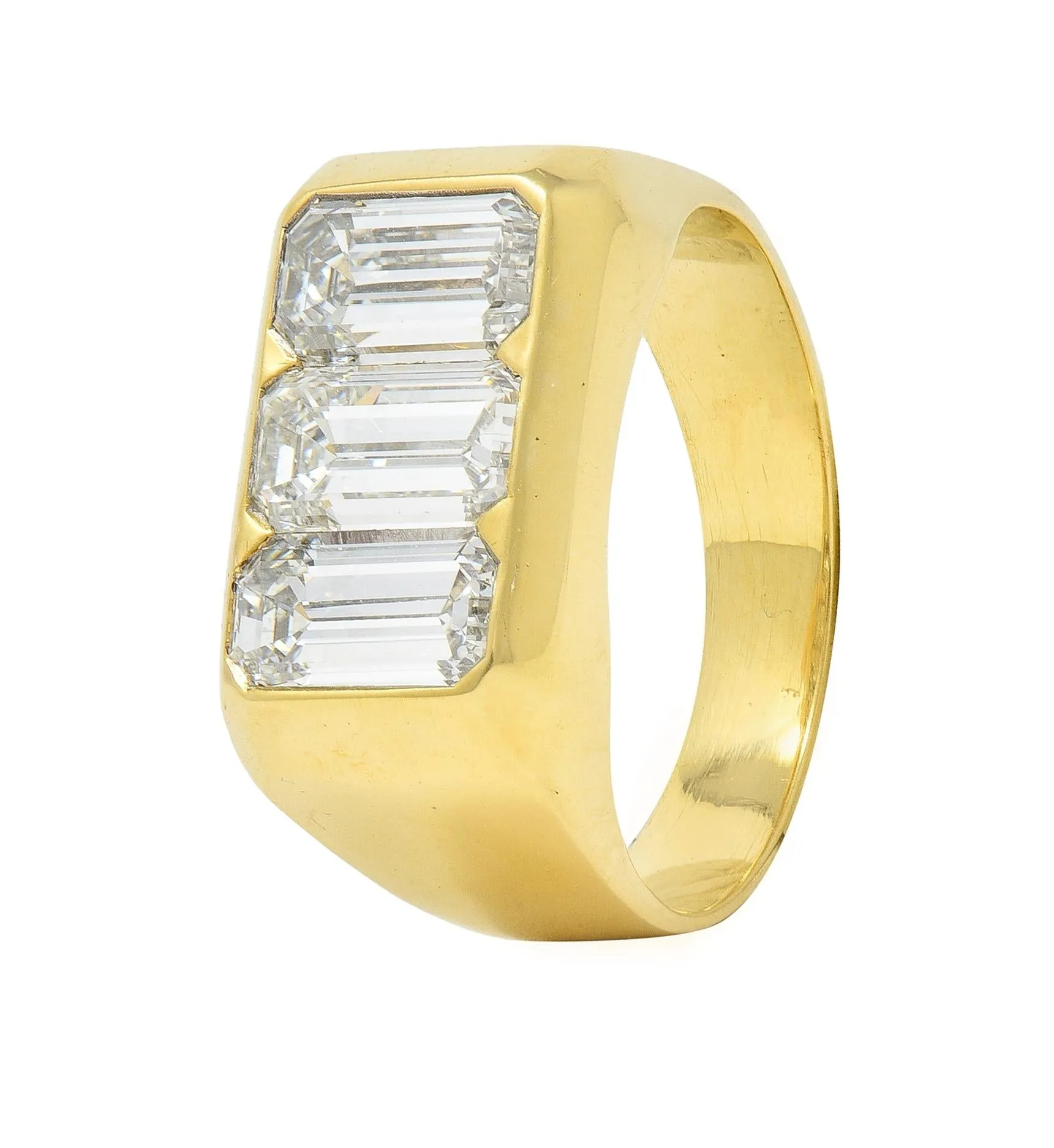 3.48 CTW Flush Emerald Cut Diamond 18 Karat Yellow Gold Vintage Three Stone Unisex Ring