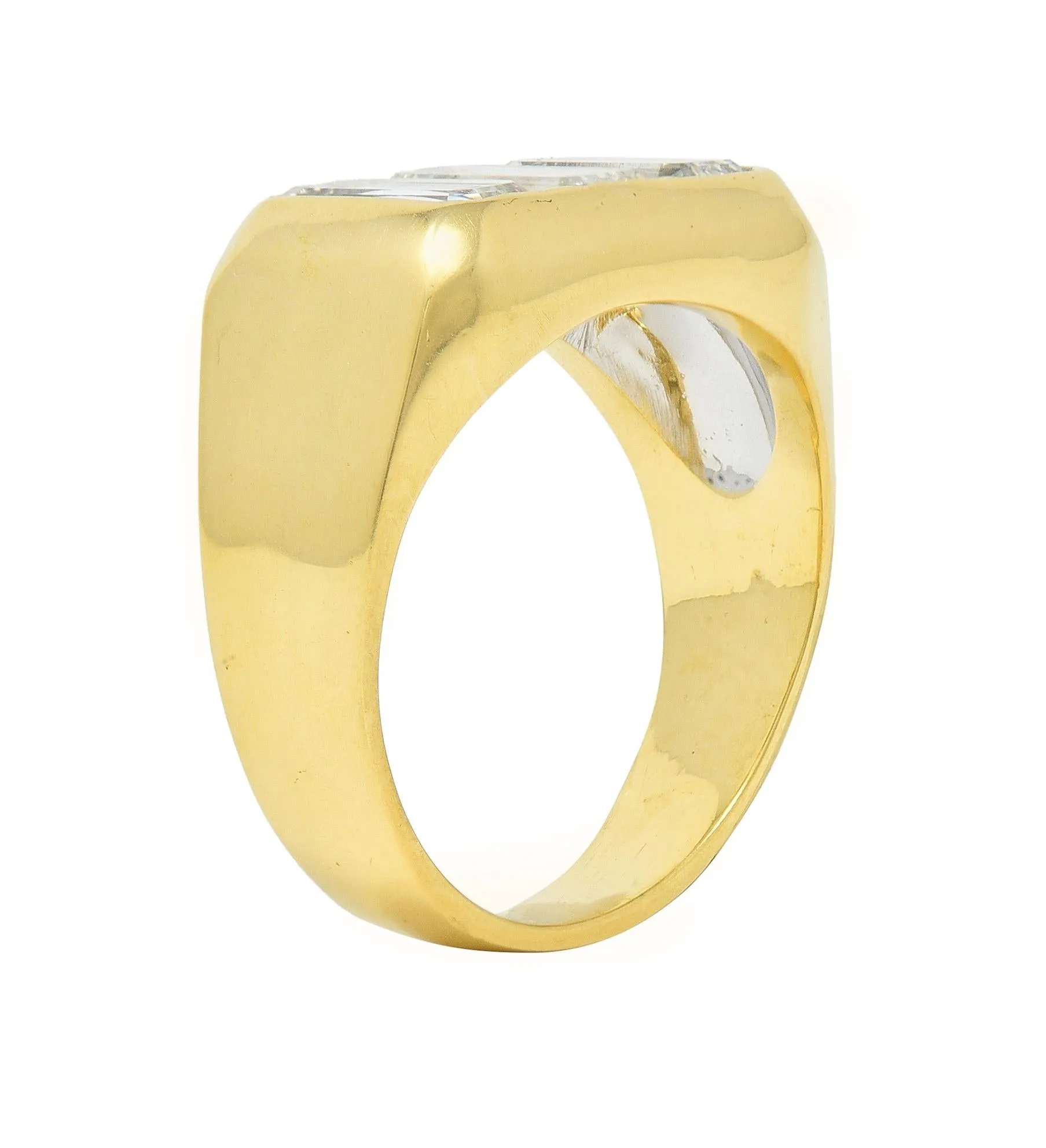 3.48 CTW Flush Emerald Cut Diamond 18 Karat Yellow Gold Vintage Three Stone Unisex Ring