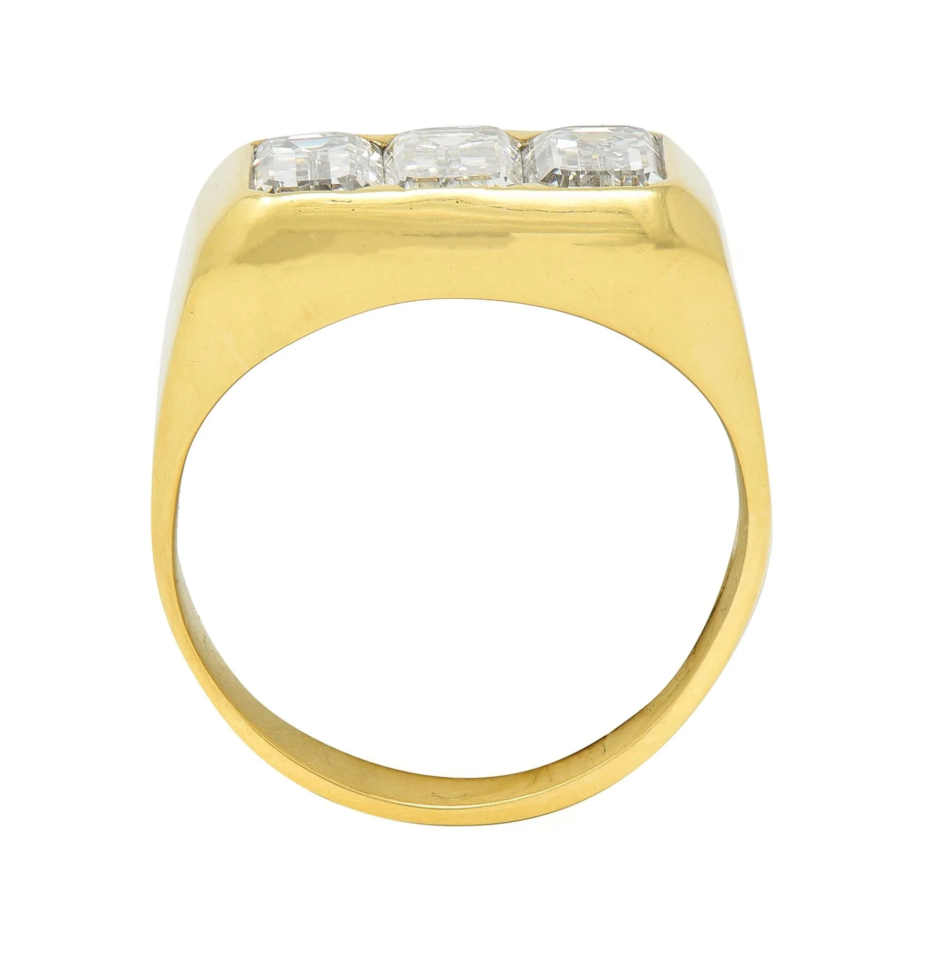 3.48 CTW Flush Emerald Cut Diamond 18 Karat Yellow Gold Vintage Three Stone Unisex Ring