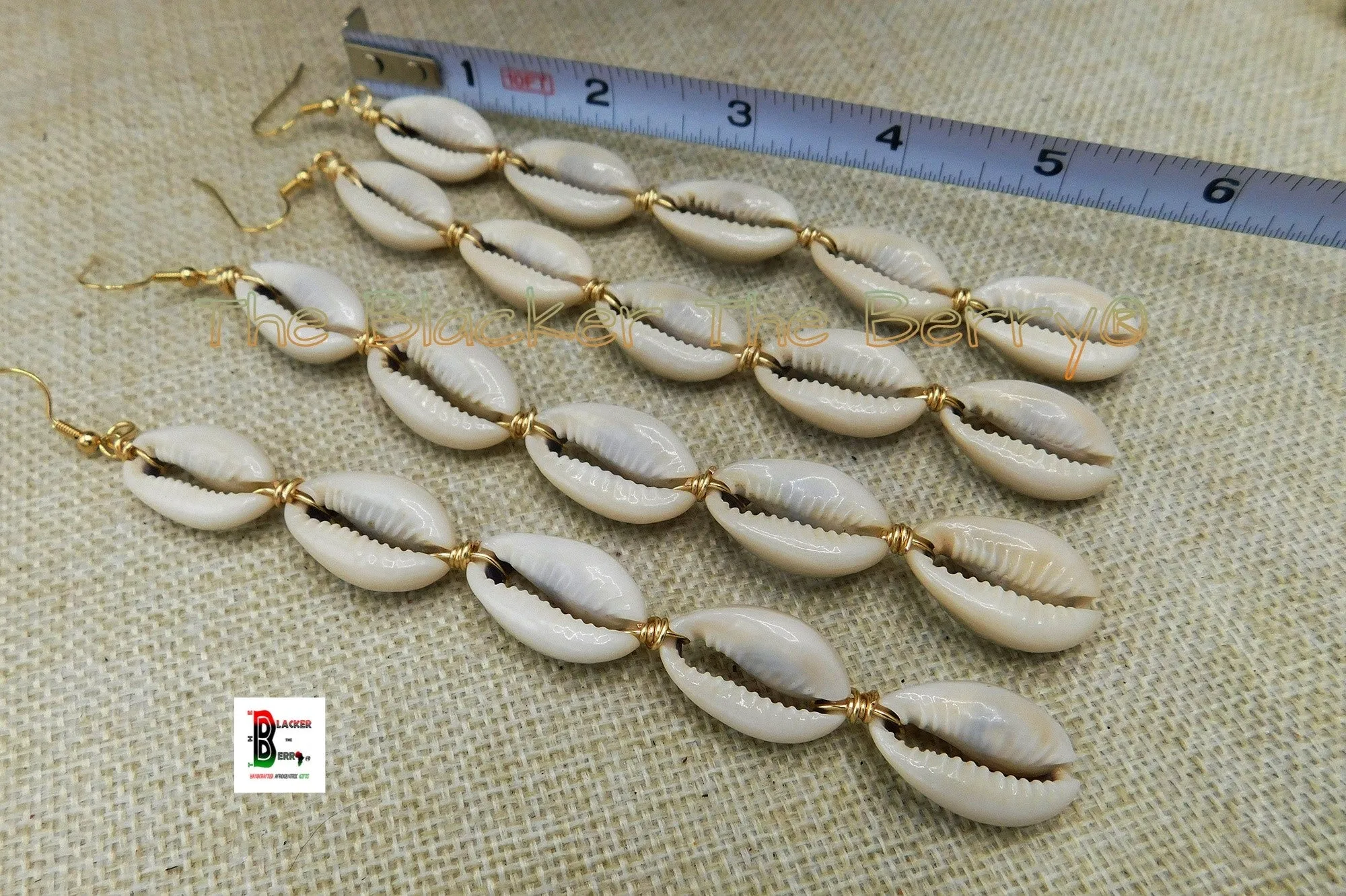 African Cowrie Shell Large Earrings Extra Long Afrocentric Women Jewelry Gold Plated Wire