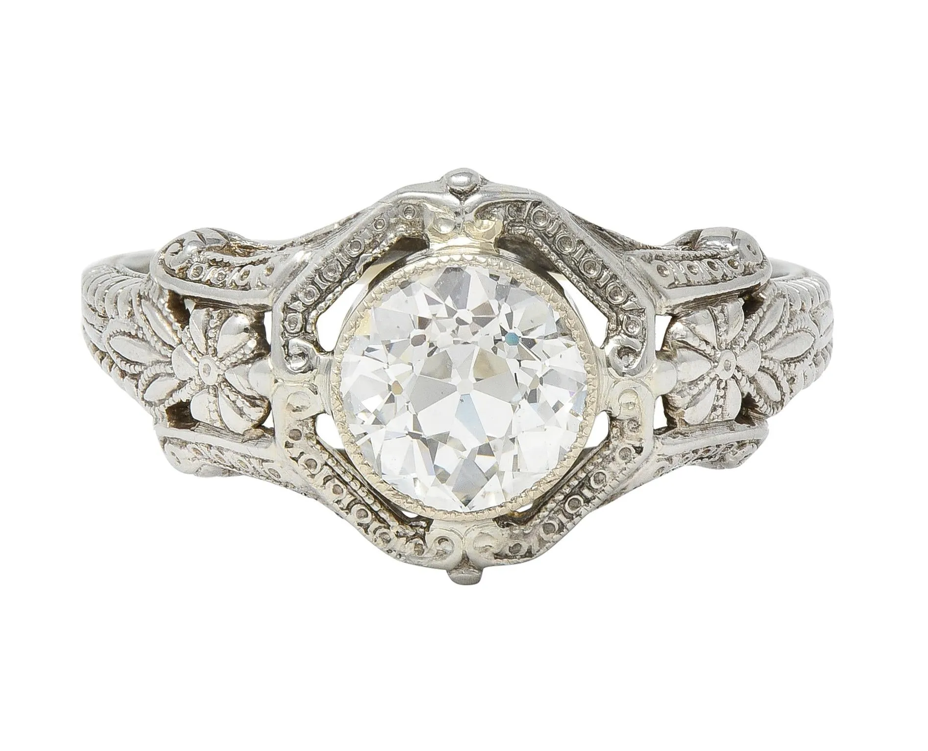 Art Deco 1.19 CTW Diamond 18 Karat White Gold Floral Engagement Ring GIA