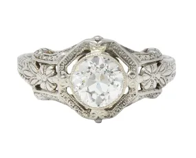 Art Deco 1.19 CTW Diamond 18 Karat White Gold Floral Engagement Ring GIA