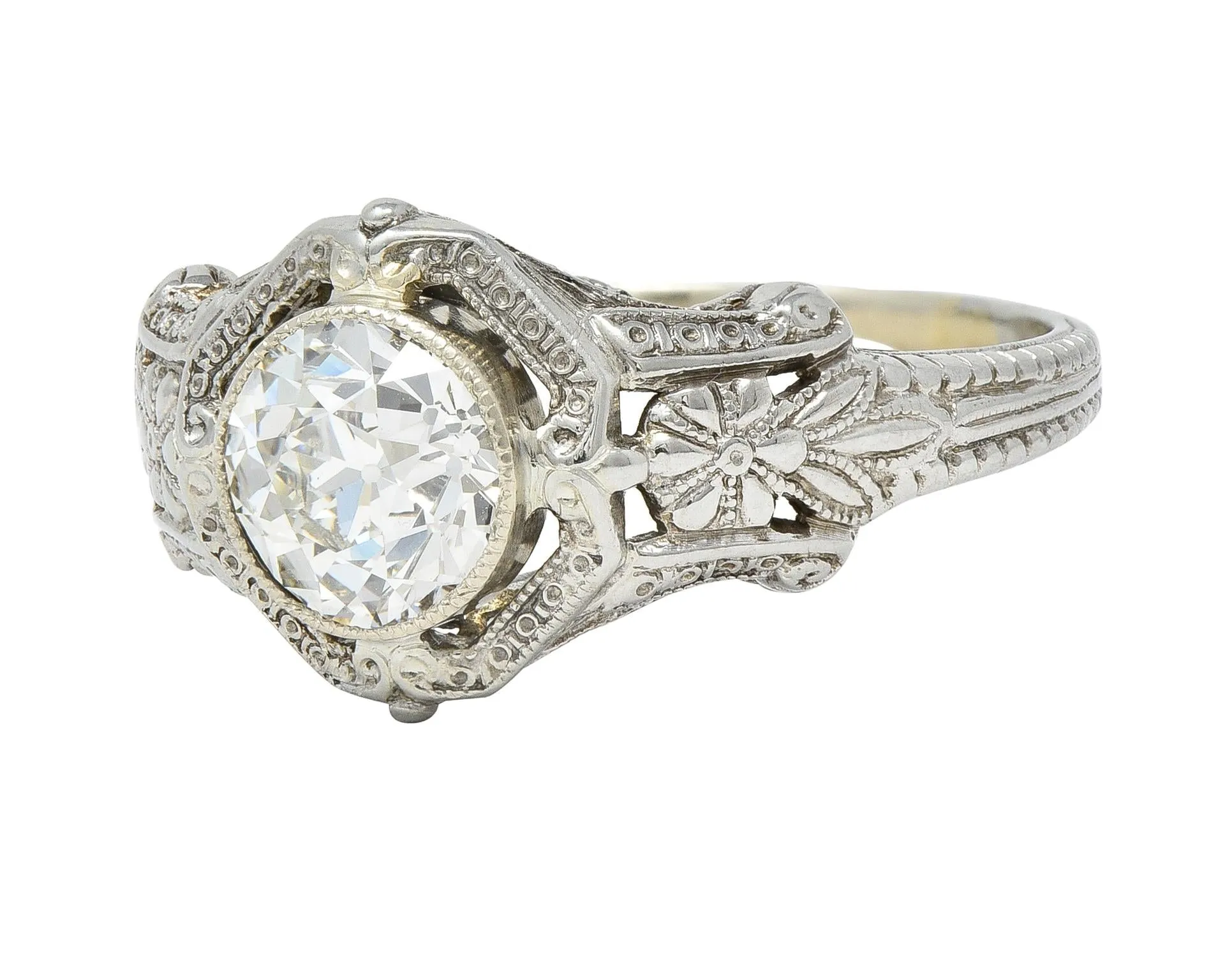 Art Deco 1.19 CTW Diamond 18 Karat White Gold Floral Engagement Ring GIA