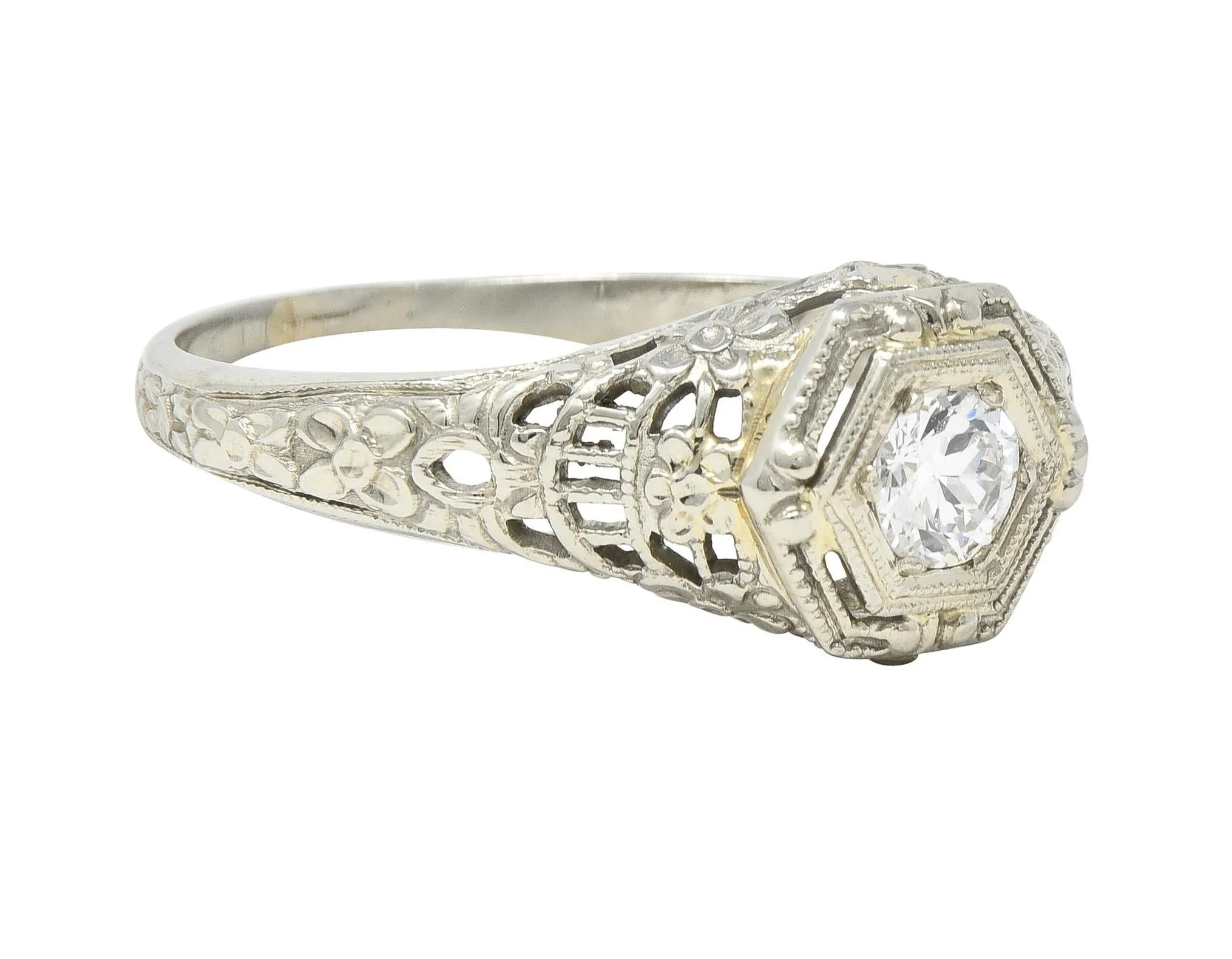 Art Deco Old European Cut Diamond 18 Karat White Gold Antique Engagement Ring