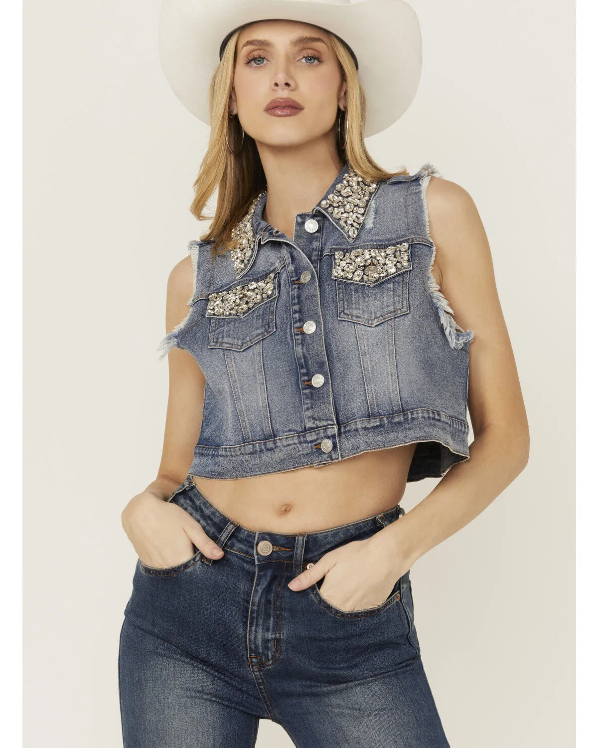 Blue B Women's Rhinestone Button-Down Cropped Denim Vest