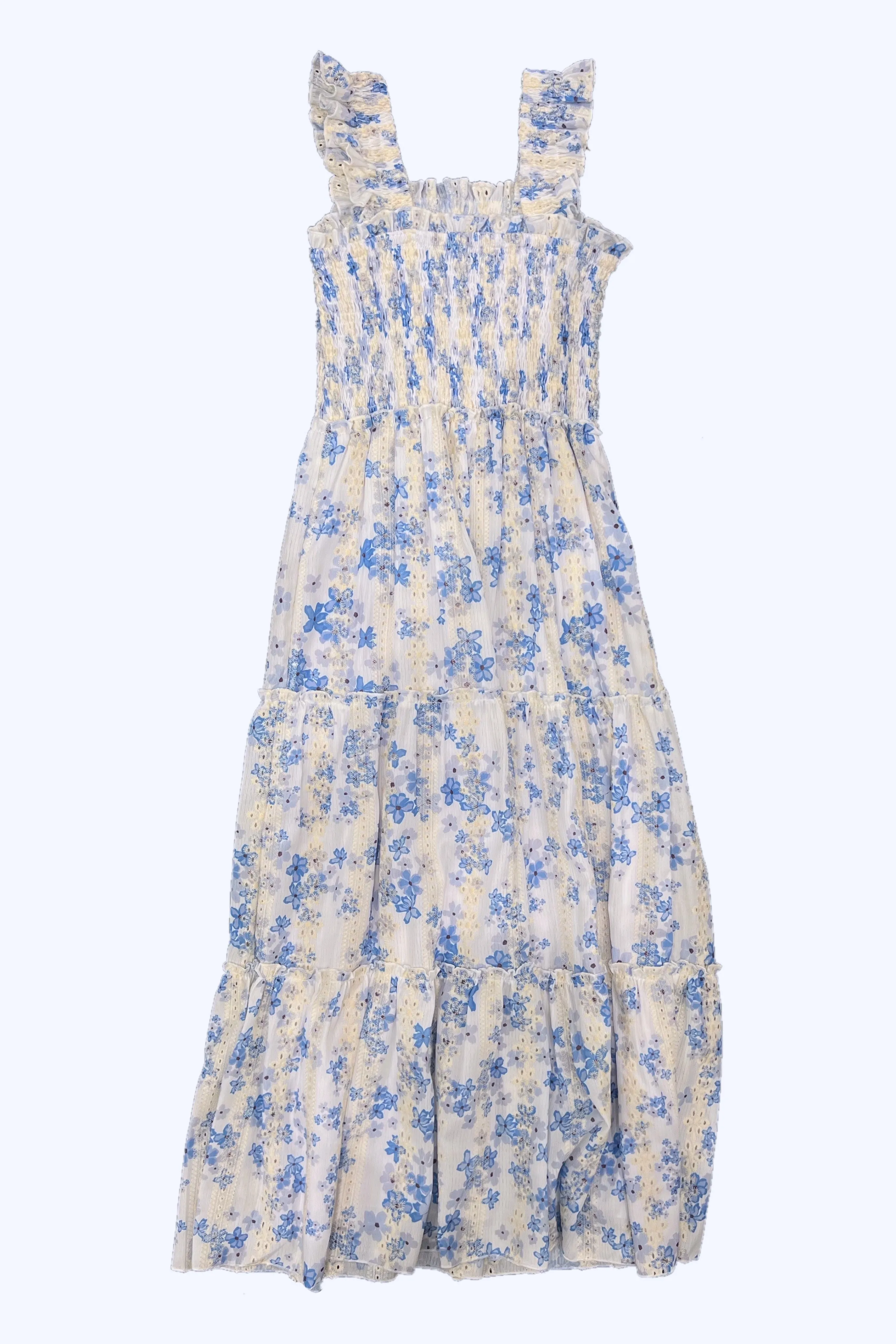 Blue Floral Eyelet Smocked Bodice Maxi Dress