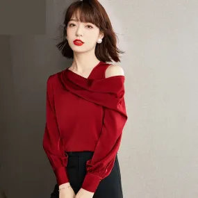 Casual Chiffon Skew Collar Loose Off Shoulder Blouse for Women