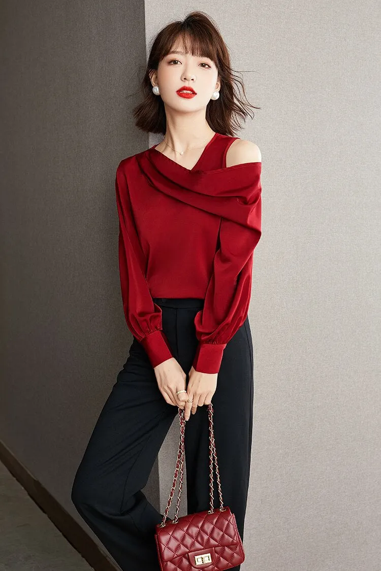 Casual Chiffon Skew Collar Loose Off Shoulder Blouse for Women