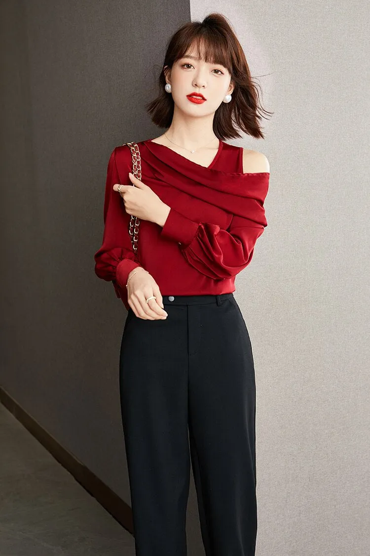 Casual Chiffon Skew Collar Loose Off Shoulder Blouse for Women