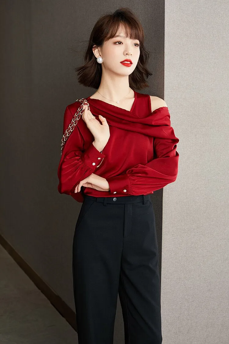 Casual Chiffon Skew Collar Loose Off Shoulder Blouse for Women