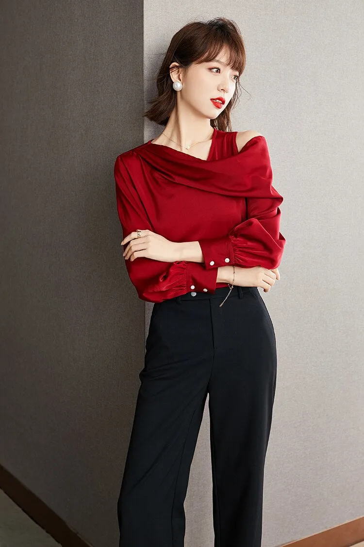 Casual Chiffon Skew Collar Loose Off Shoulder Blouse for Women