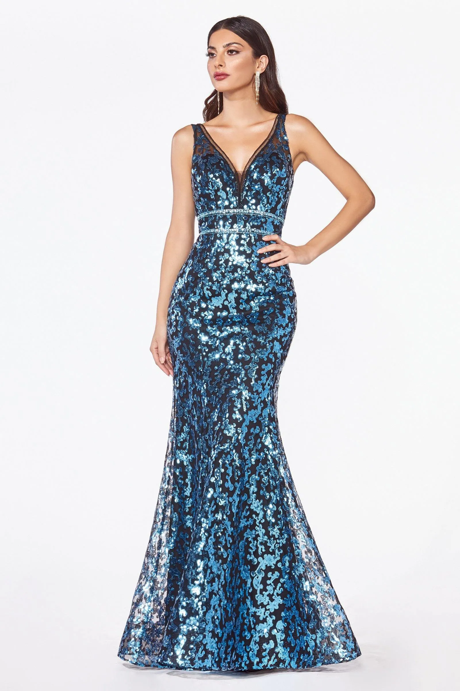 Cinderella Divine CM9171 Long Formal Metallic Sequin Print Evening Prom Gown