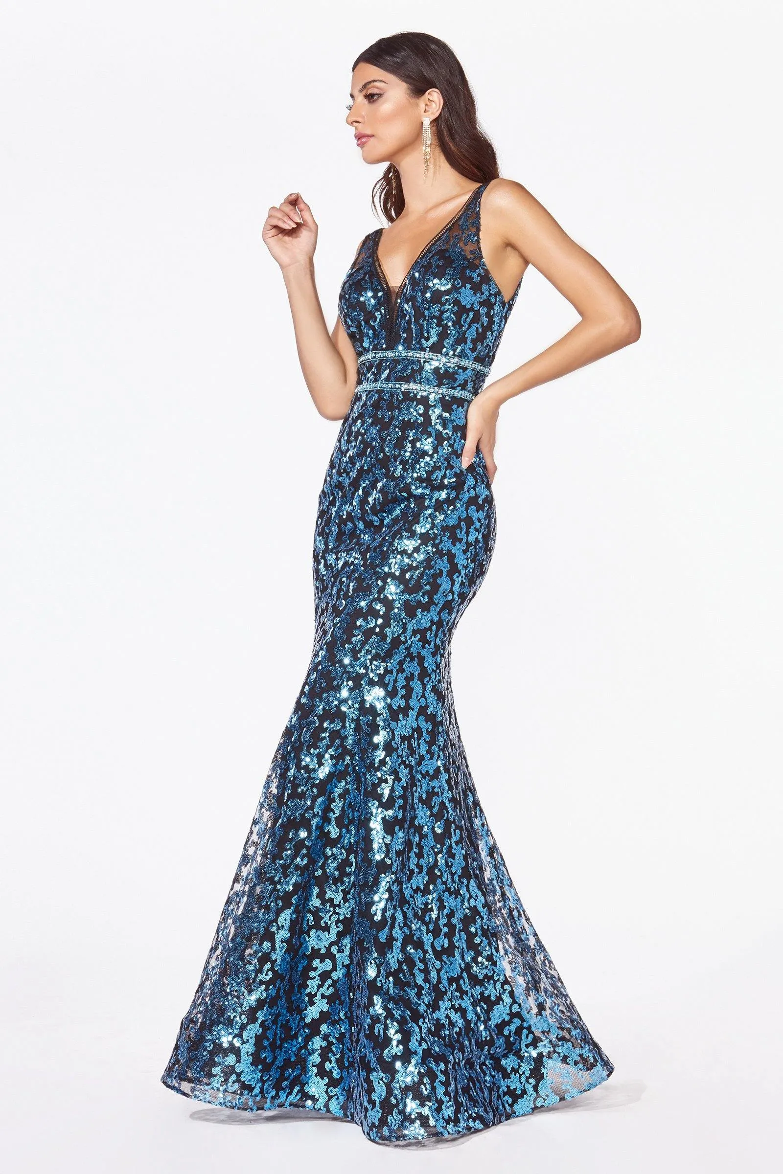 Cinderella Divine CM9171 Long Formal Metallic Sequin Print Evening Prom Gown