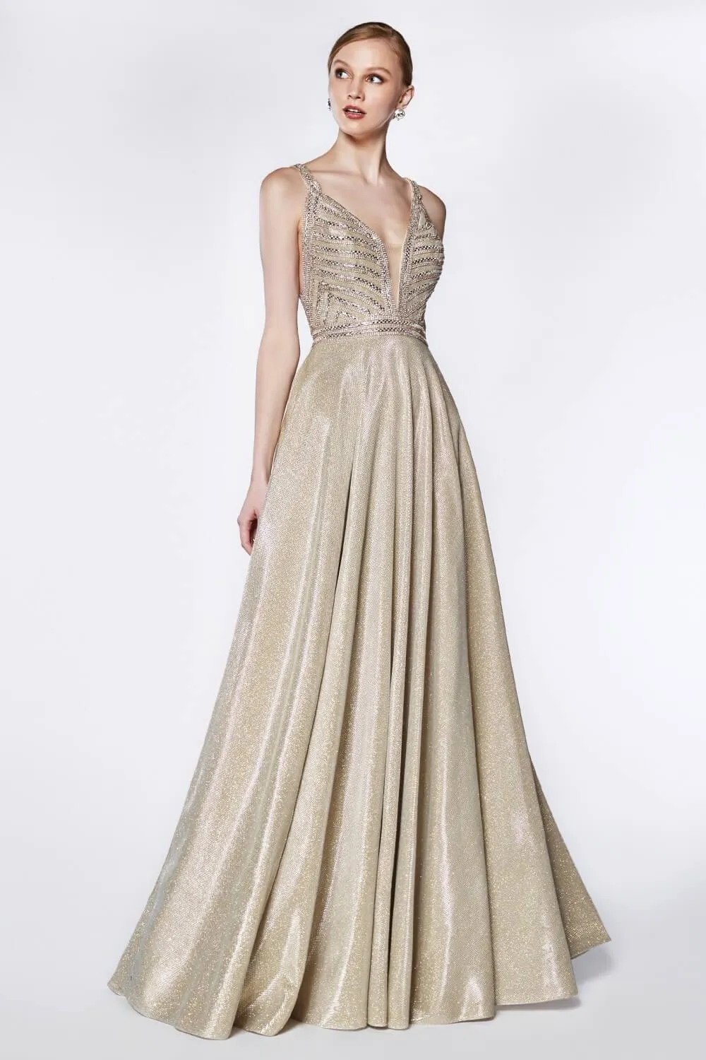 Cinderella Divine KC879 Long Metallic Prom Gown Evening Dress