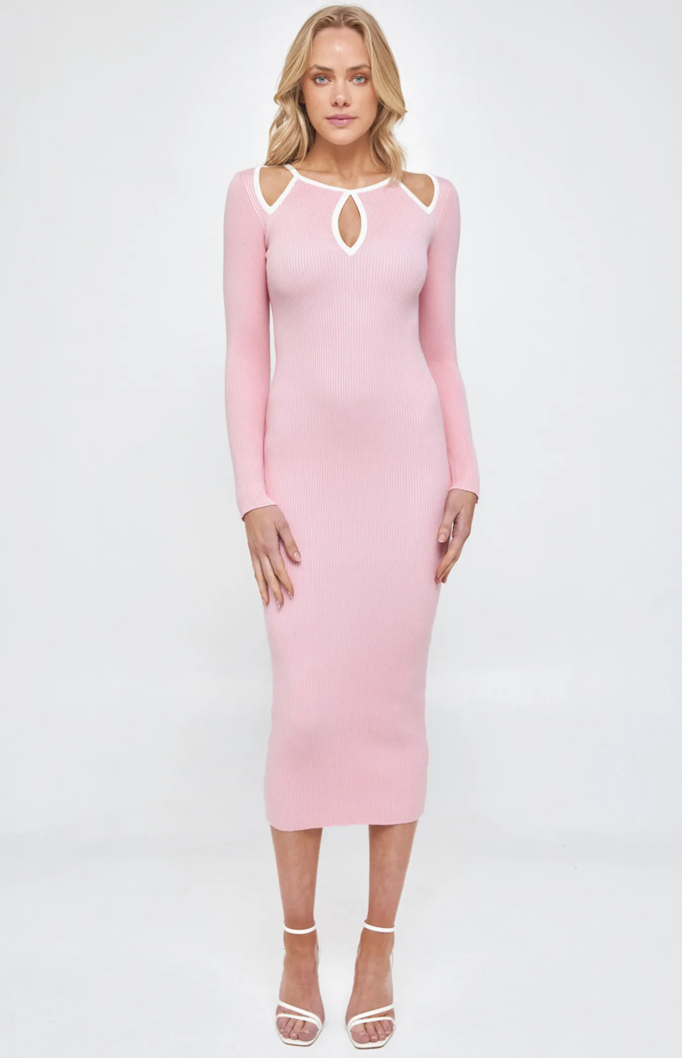 Contrast Binding Neckline Cut Out Knit Midi Dress (SKN614) 