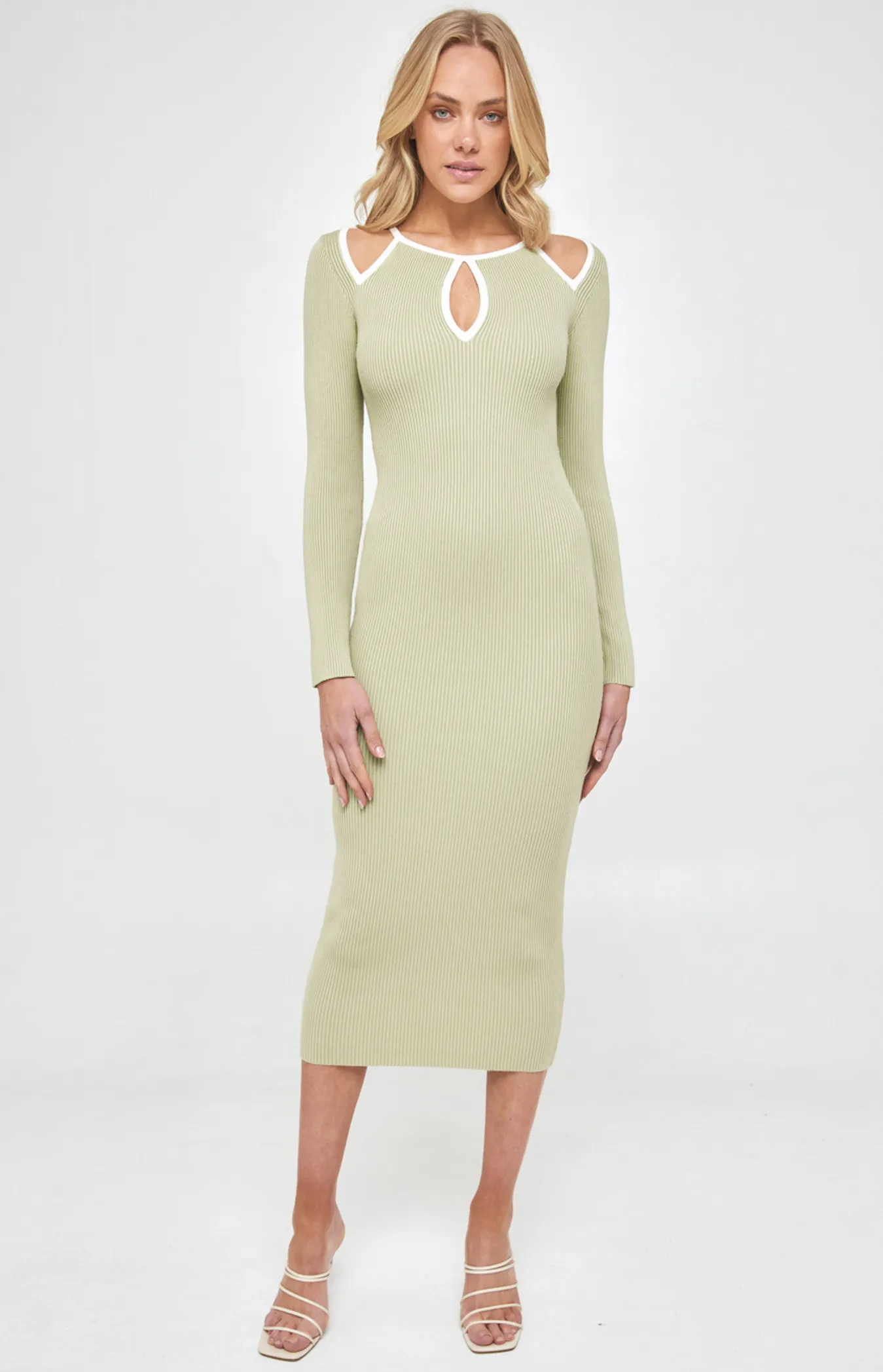 Contrast Binding Neckline Cut Out Knit Midi Dress (SKN614) 