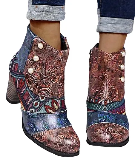 Dark Brown Women's Abstract Patchwork Ankle Boot