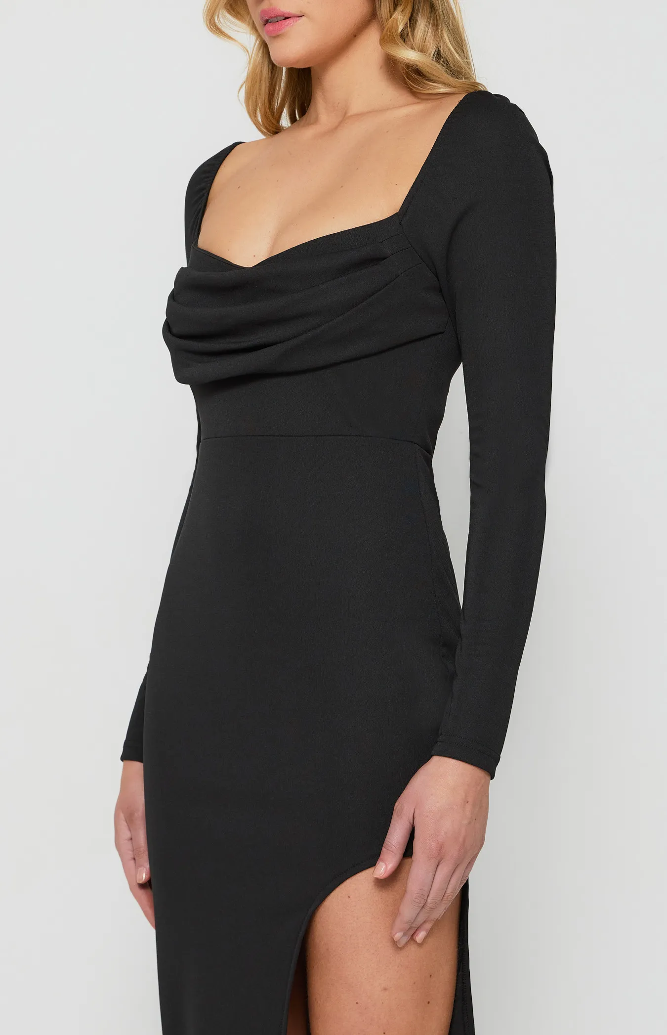 Draped Neckline Bodycon Dress with Curved Hem (WDR589A)