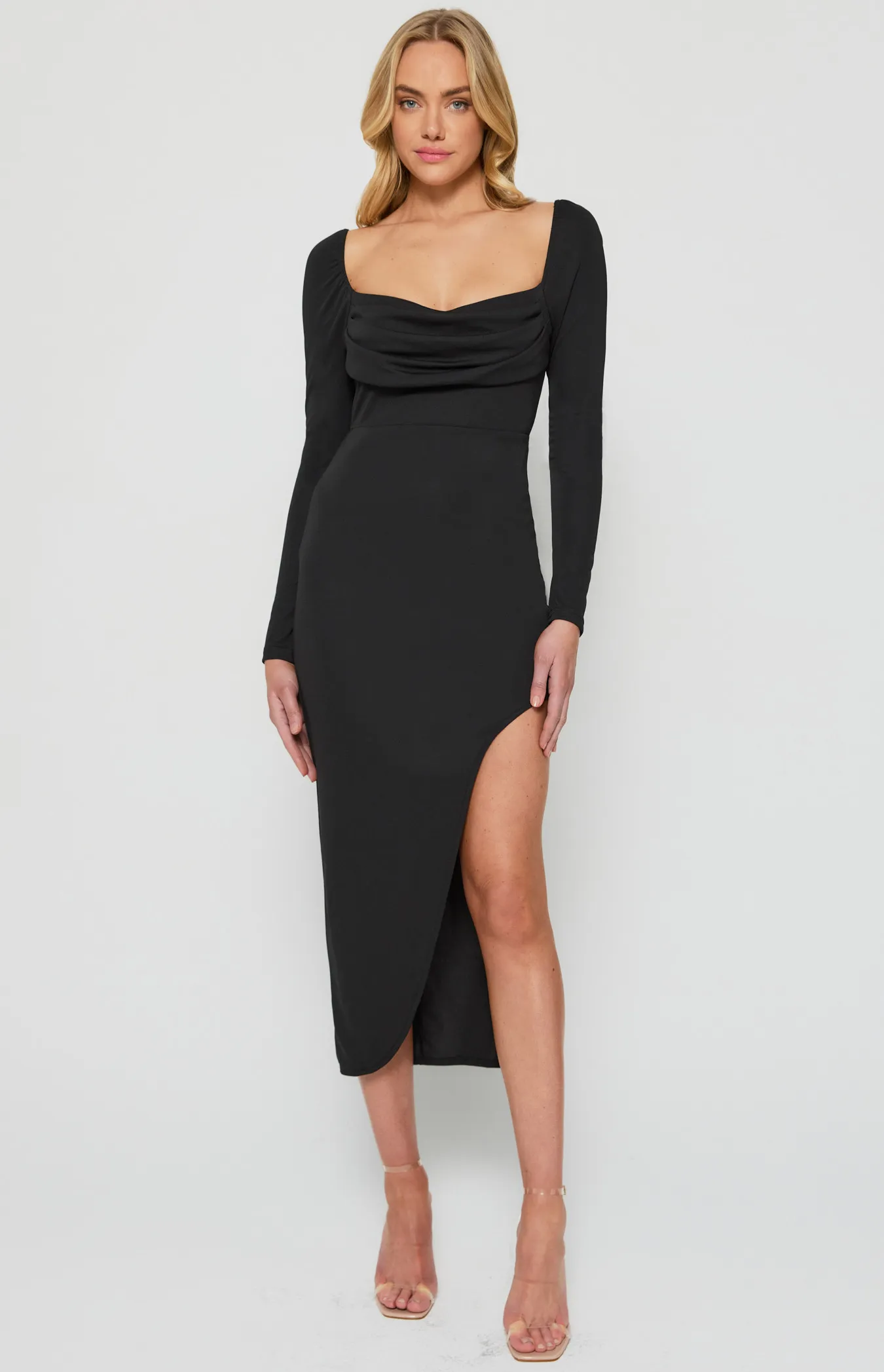 Draped Neckline Bodycon Dress with Curved Hem (WDR589A)