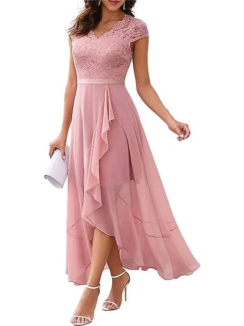 Elegant Lace V-Neck Women's Party Dress in Multiple Colors and Sizes