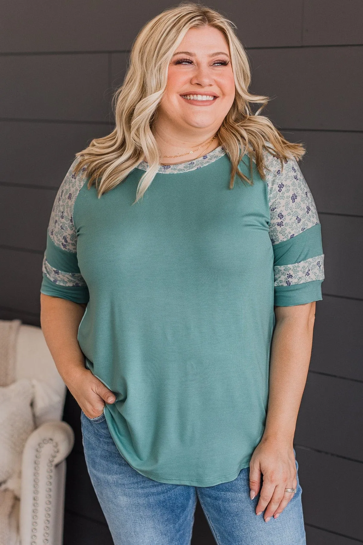 Feeling Spontaneous Floral Sleeve Top- Dark Mint