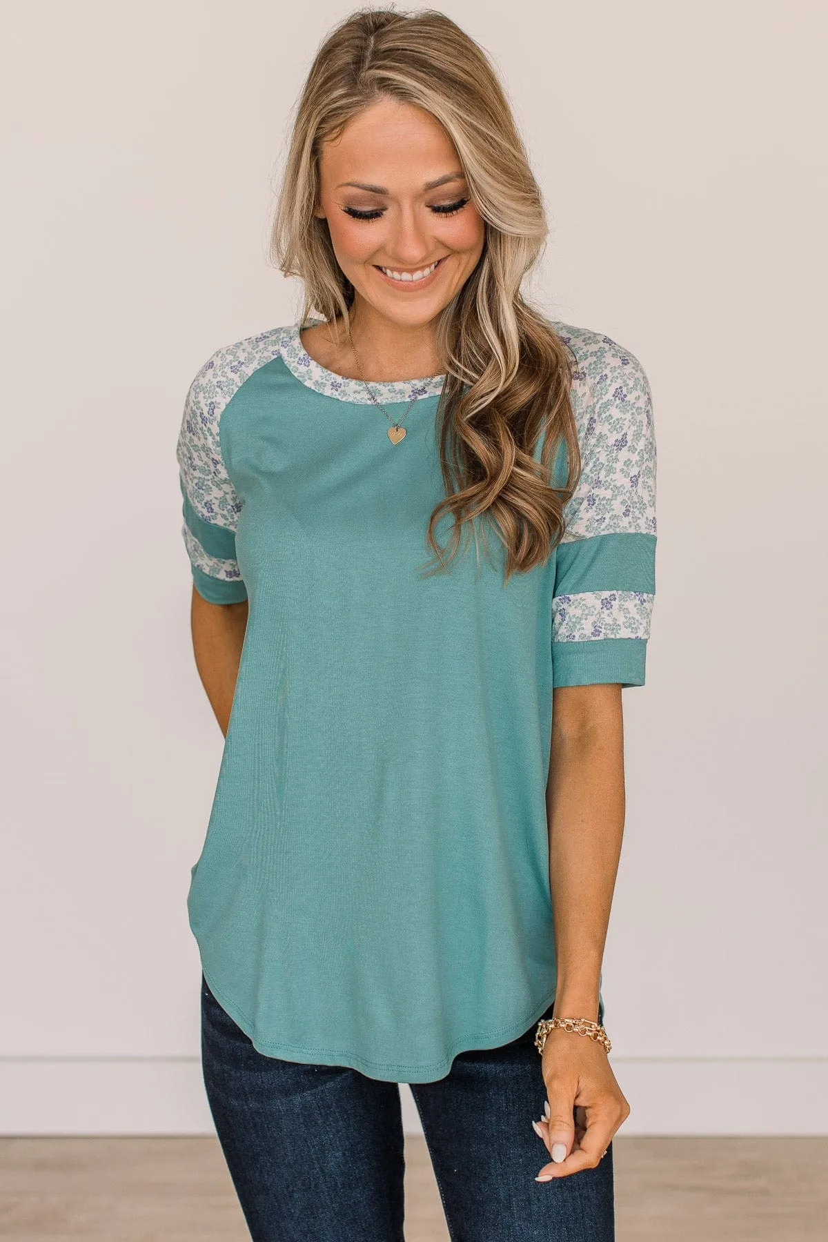 Feeling Spontaneous Floral Sleeve Top- Dark Mint