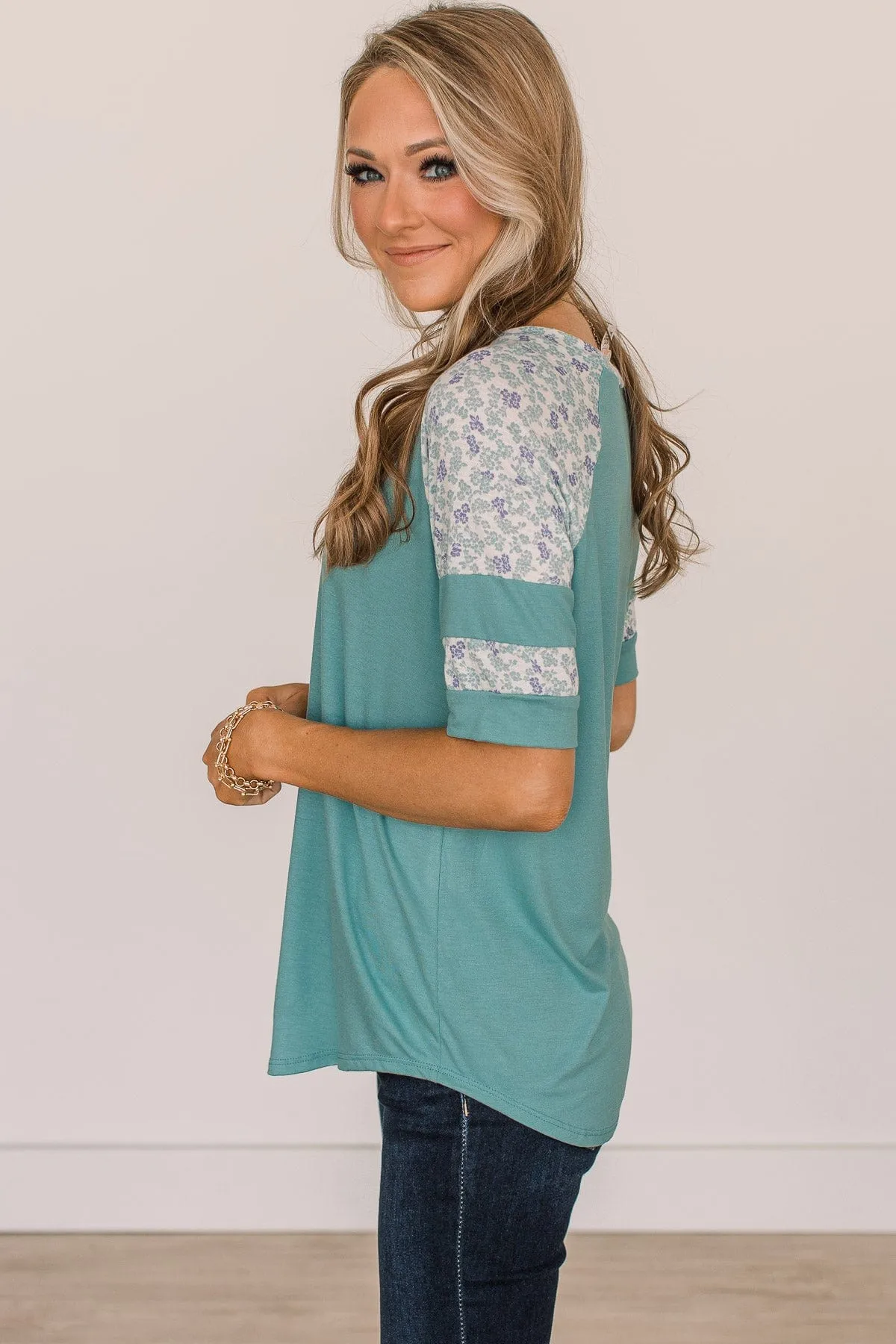 Feeling Spontaneous Floral Sleeve Top- Dark Mint