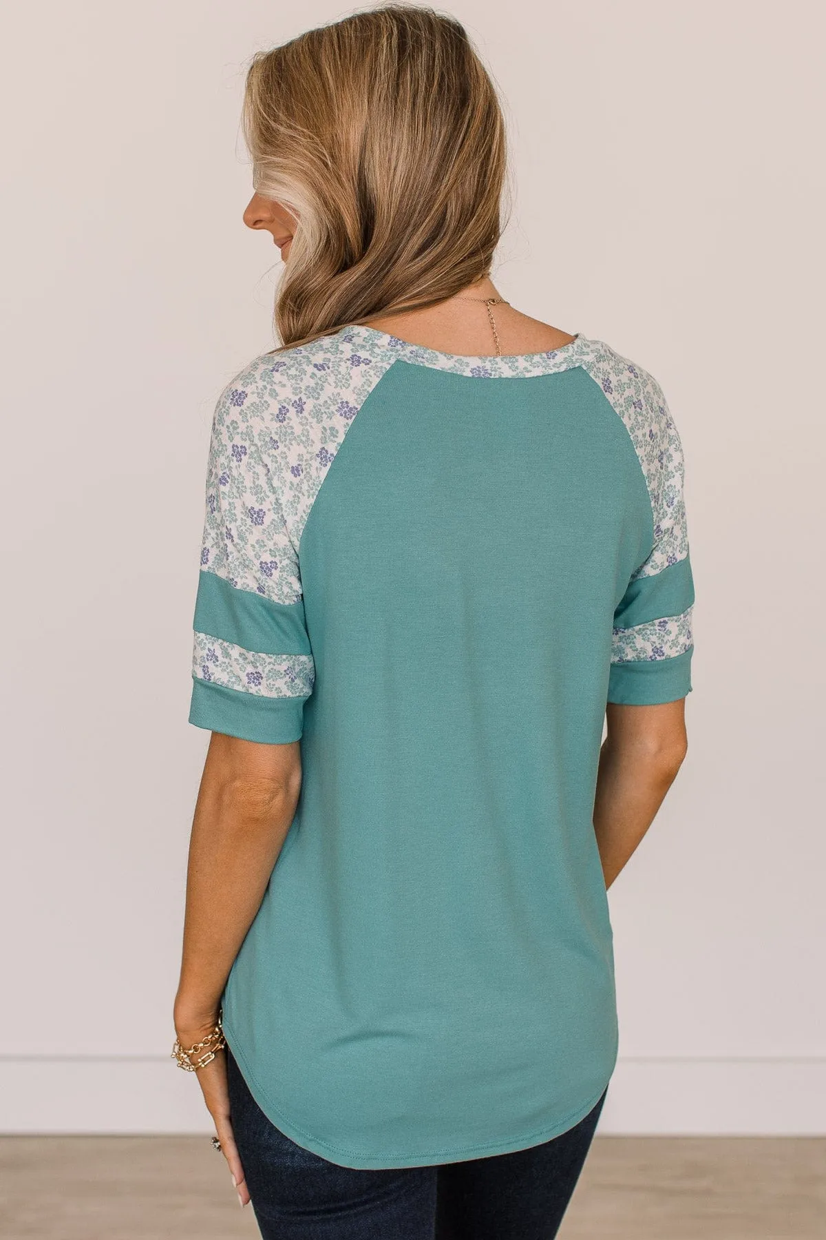 Feeling Spontaneous Floral Sleeve Top- Dark Mint