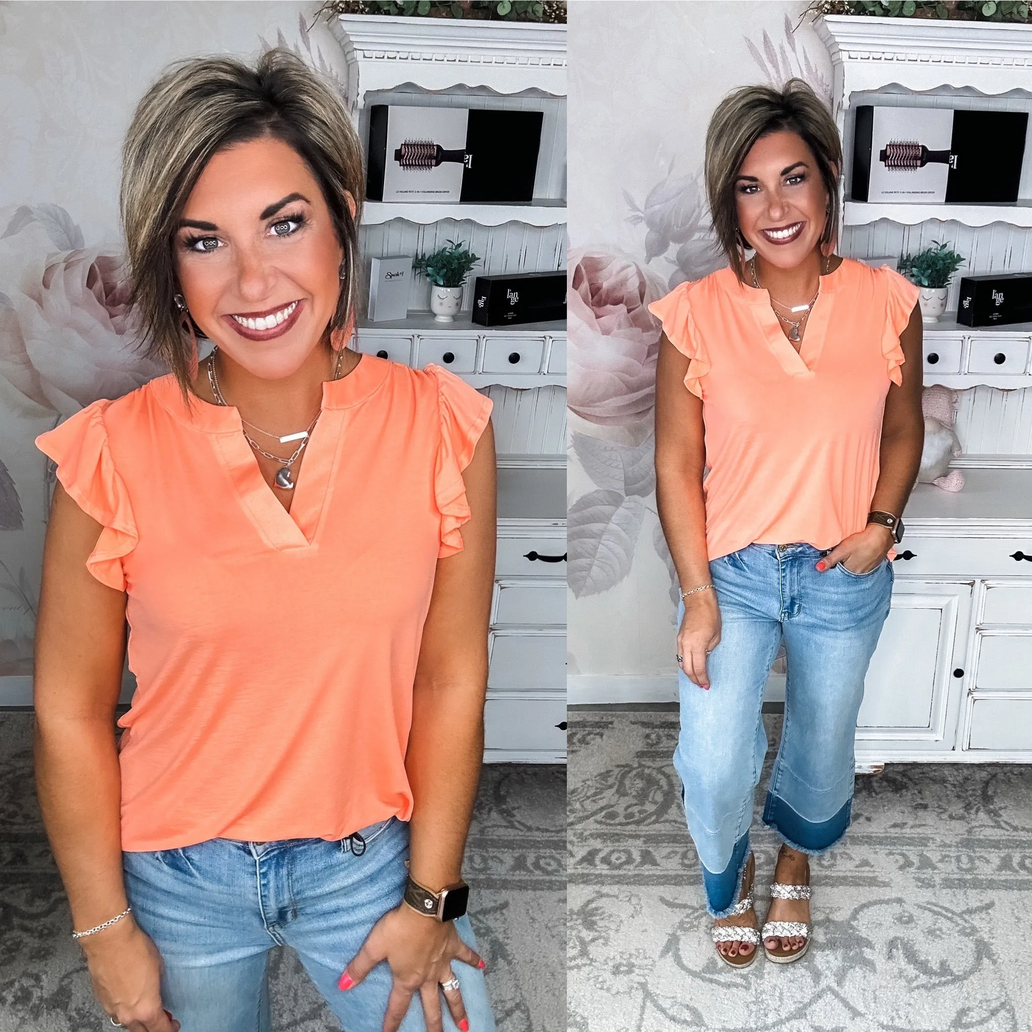 Figure It Out Ruffle Sleeve Top - Neon Orange