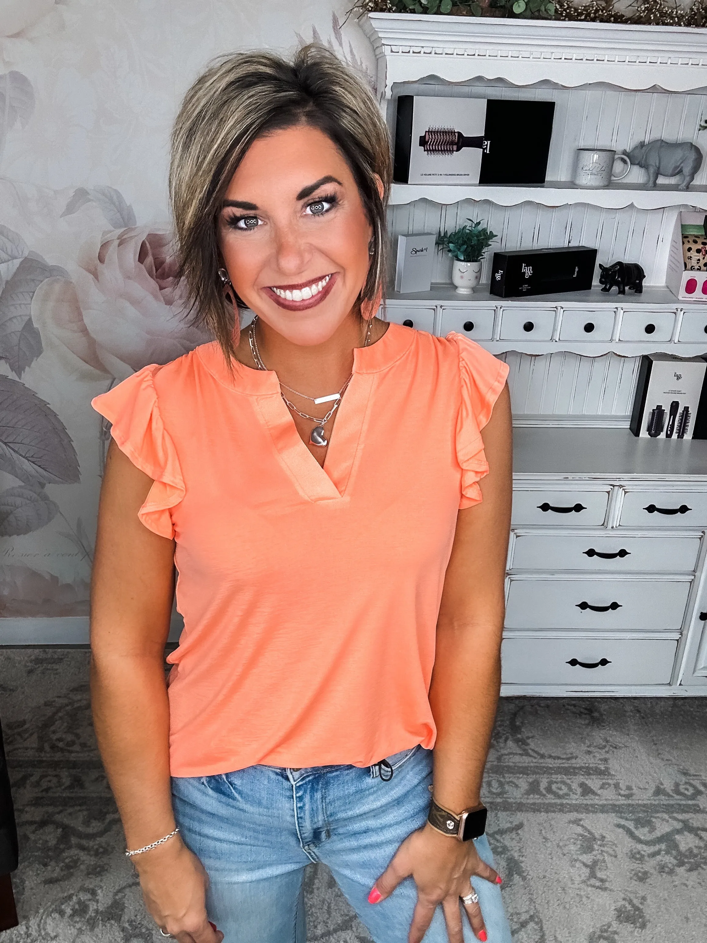 Figure It Out Ruffle Sleeve Top - Neon Orange