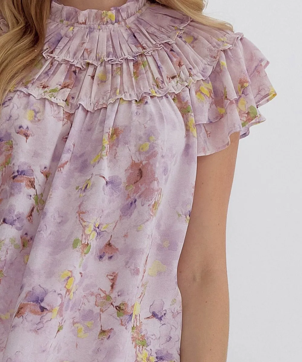 Floral Print Ruffle Sleeve Top - Lavender