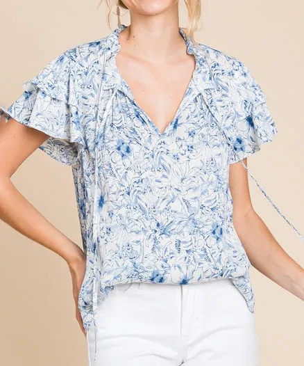 Floral Print Self Tie Top - Blue