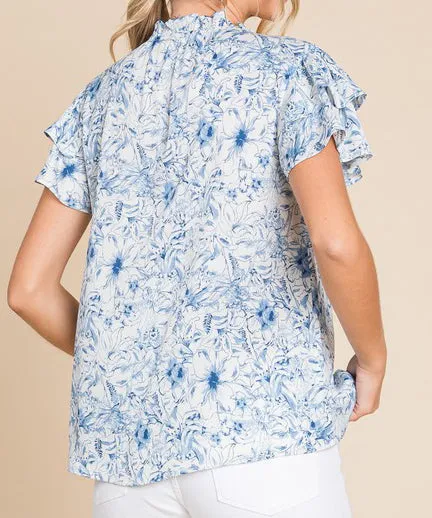 Floral Print Self Tie Top - Blue