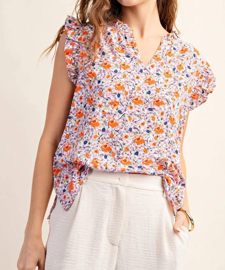 Floral Top with Ruffle Sleeves - Lavender Combo