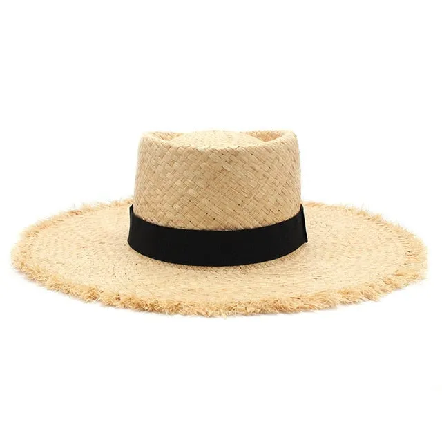 Frayed Brim Straw Boater Hat