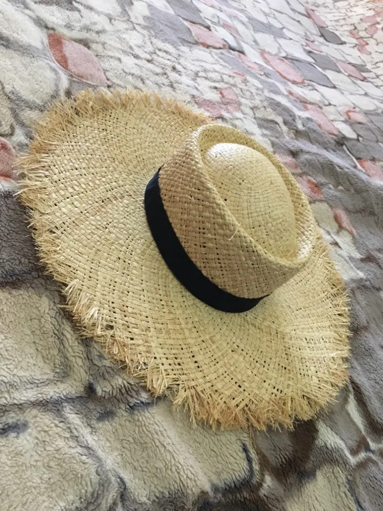 Frayed Brim Straw Boater Hat