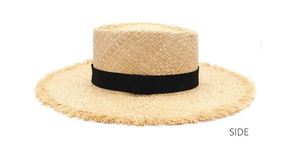 Frayed Brim Straw Boater Hat