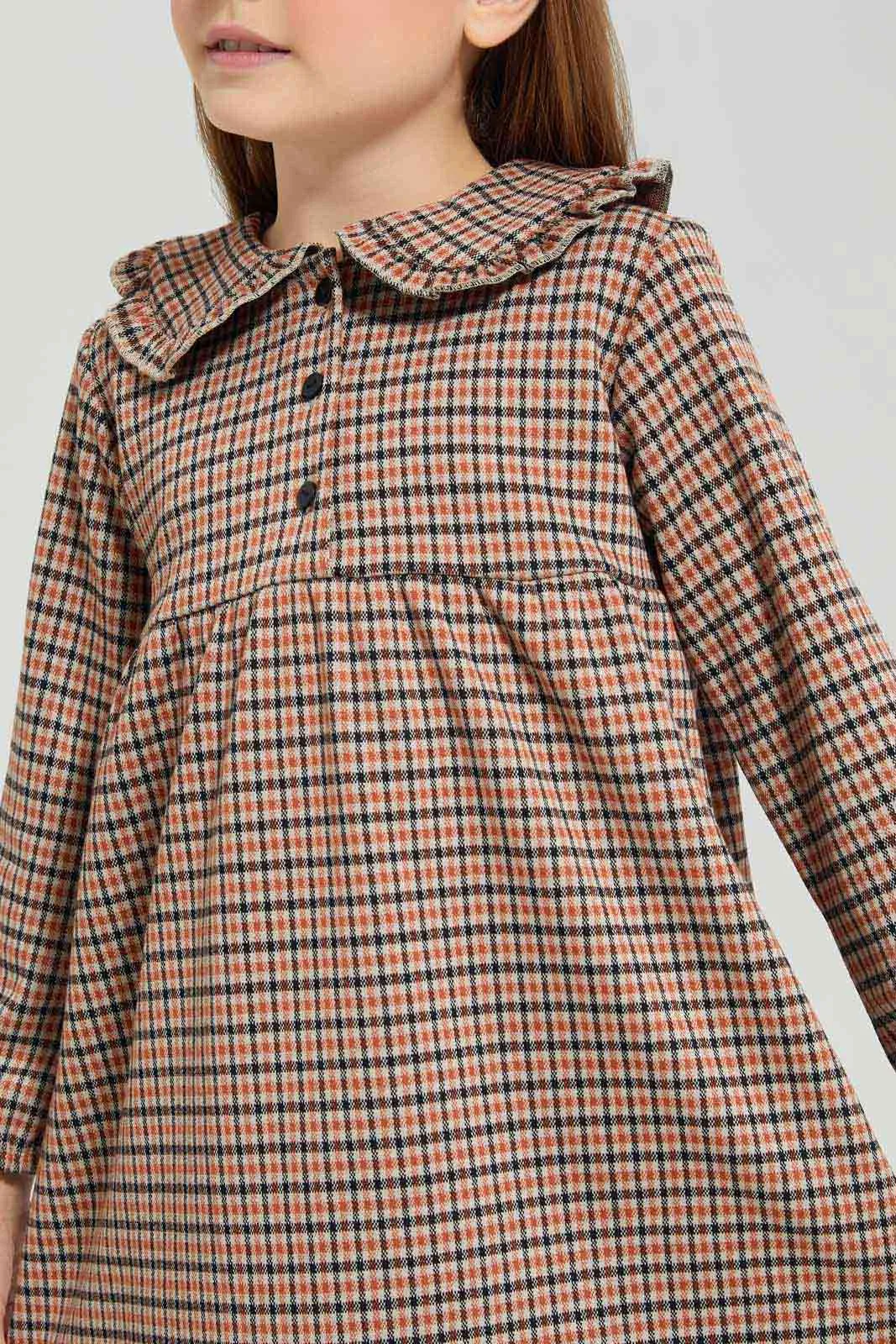 Girls Beige Checked Dress