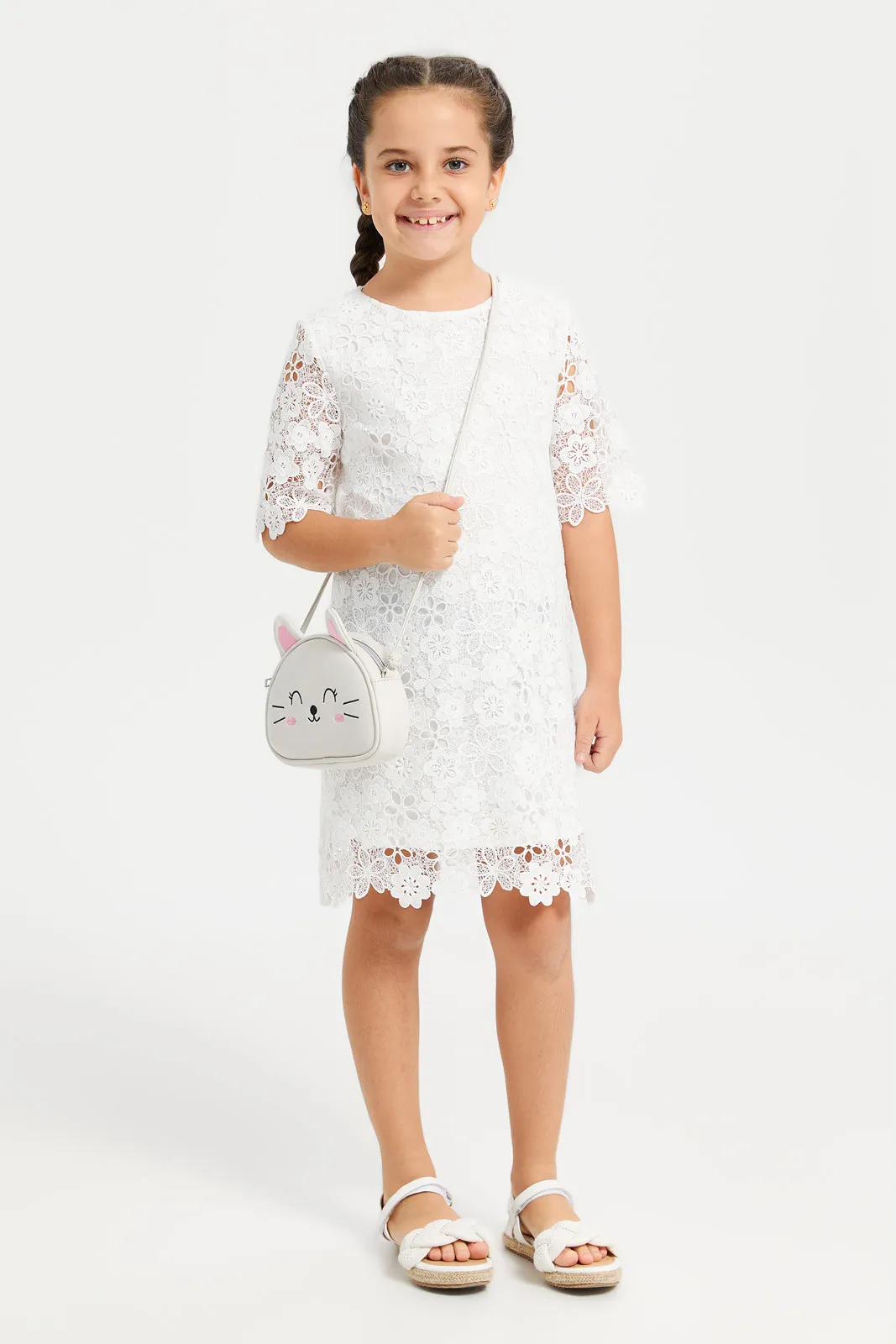 Girls White Floral Lace Dress