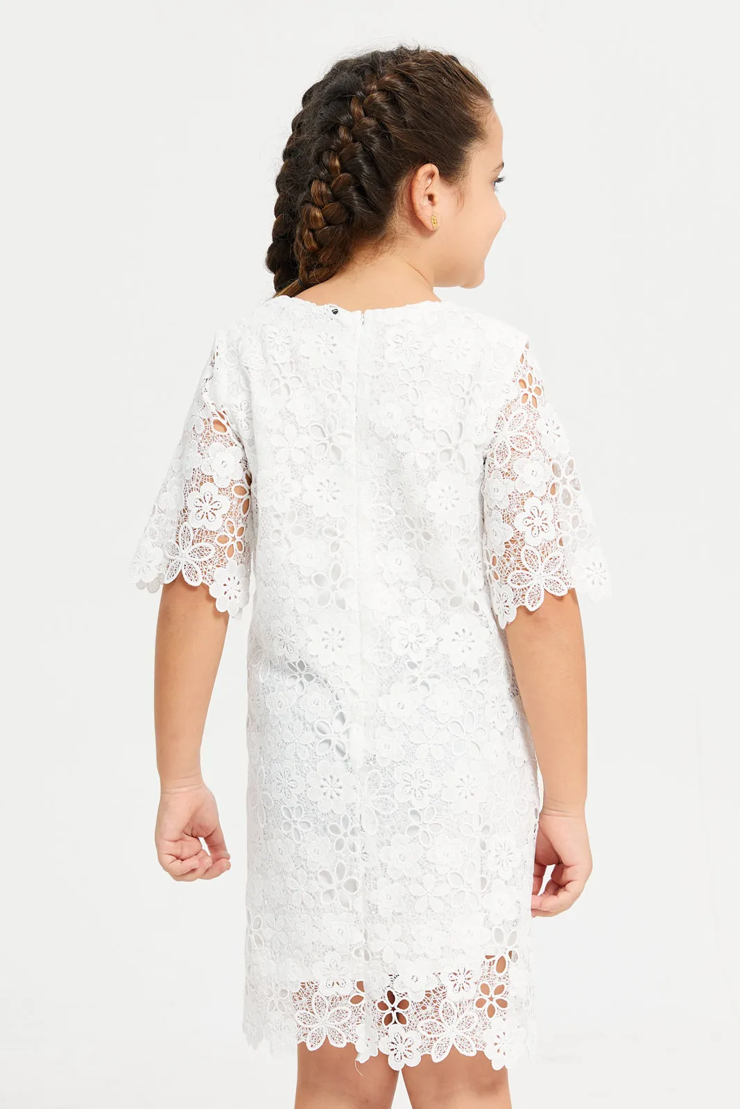 Girls White Floral Lace Dress