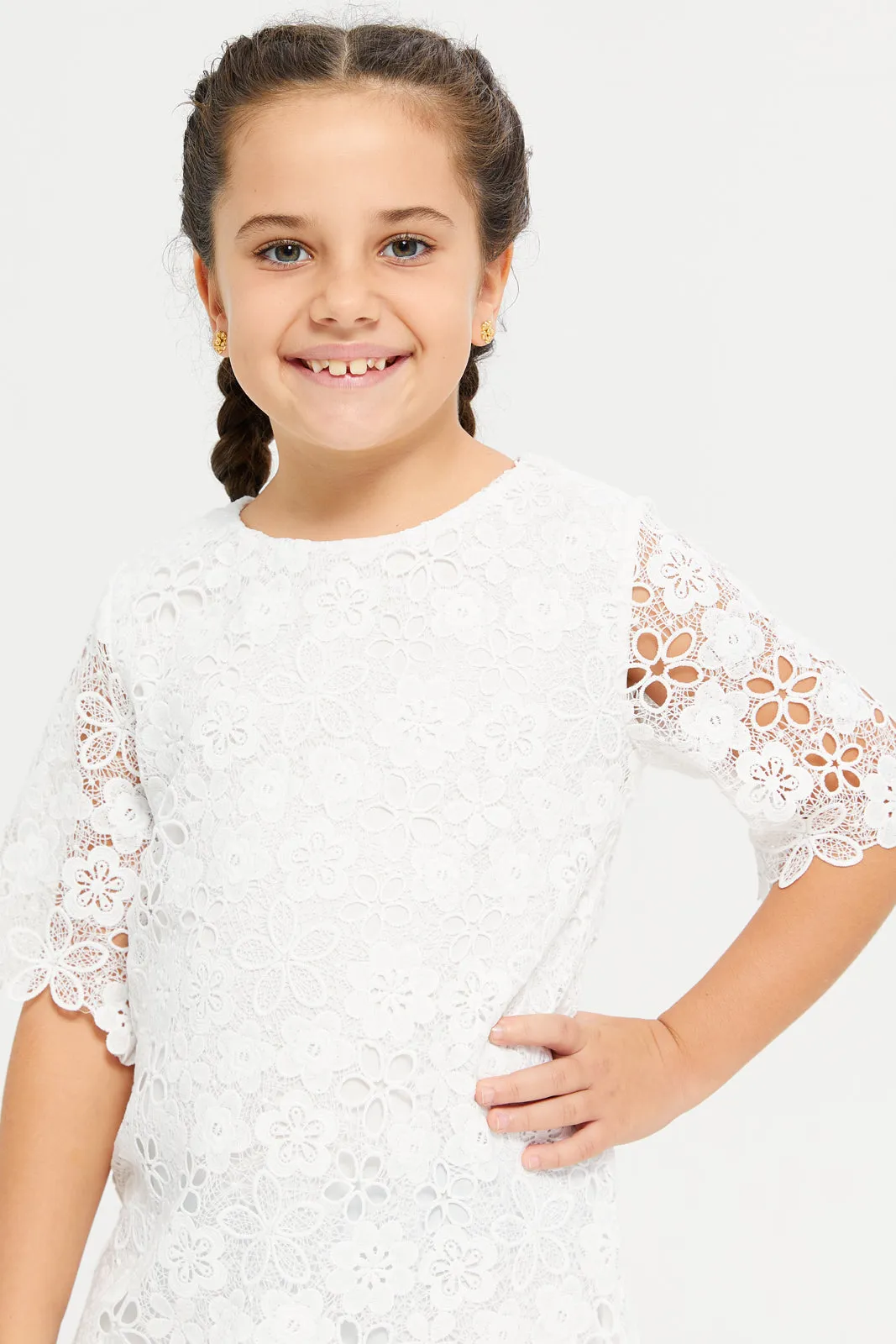 Girls White Floral Lace Dress