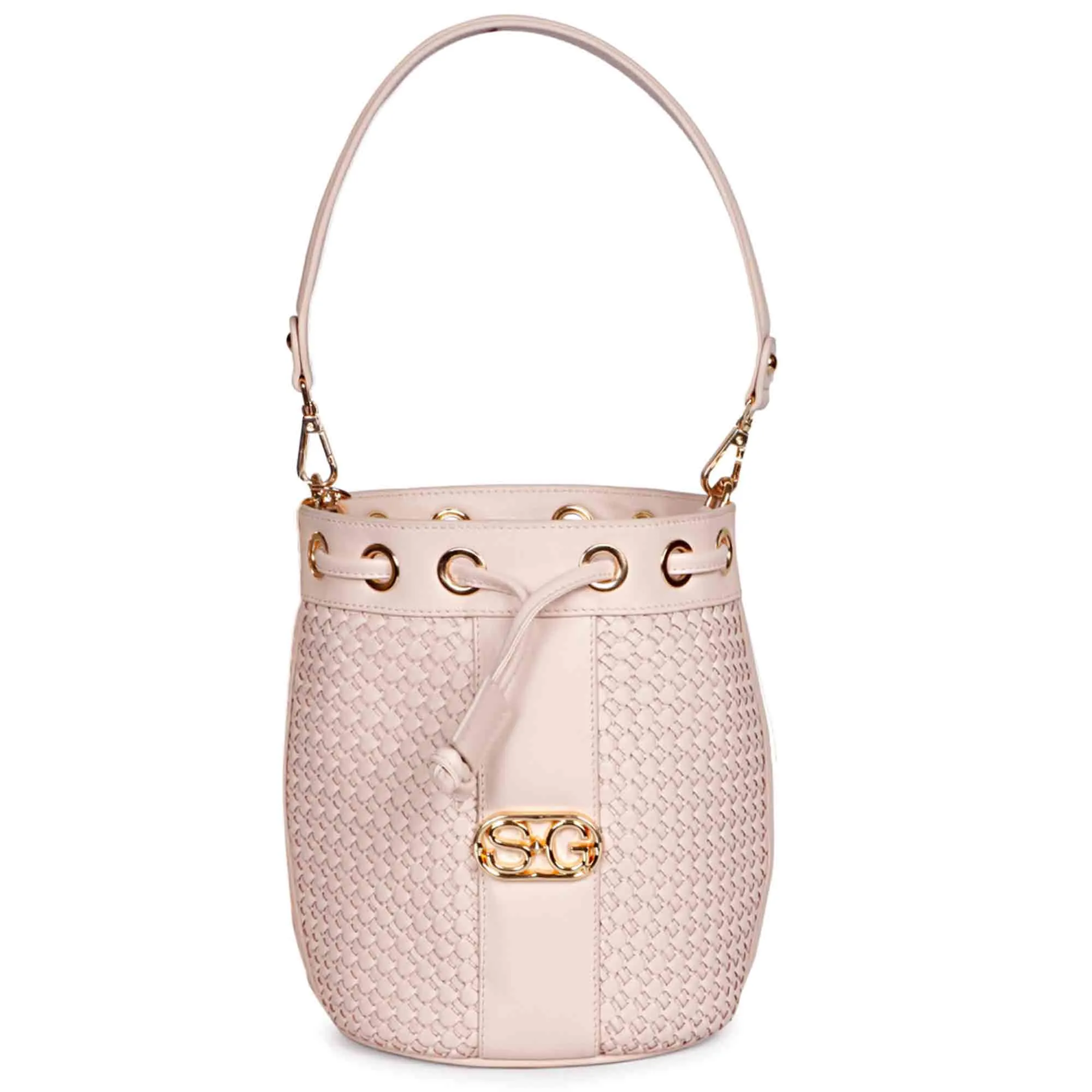 Halsey Pink Blush Hand Woven Leather Bucket Bags