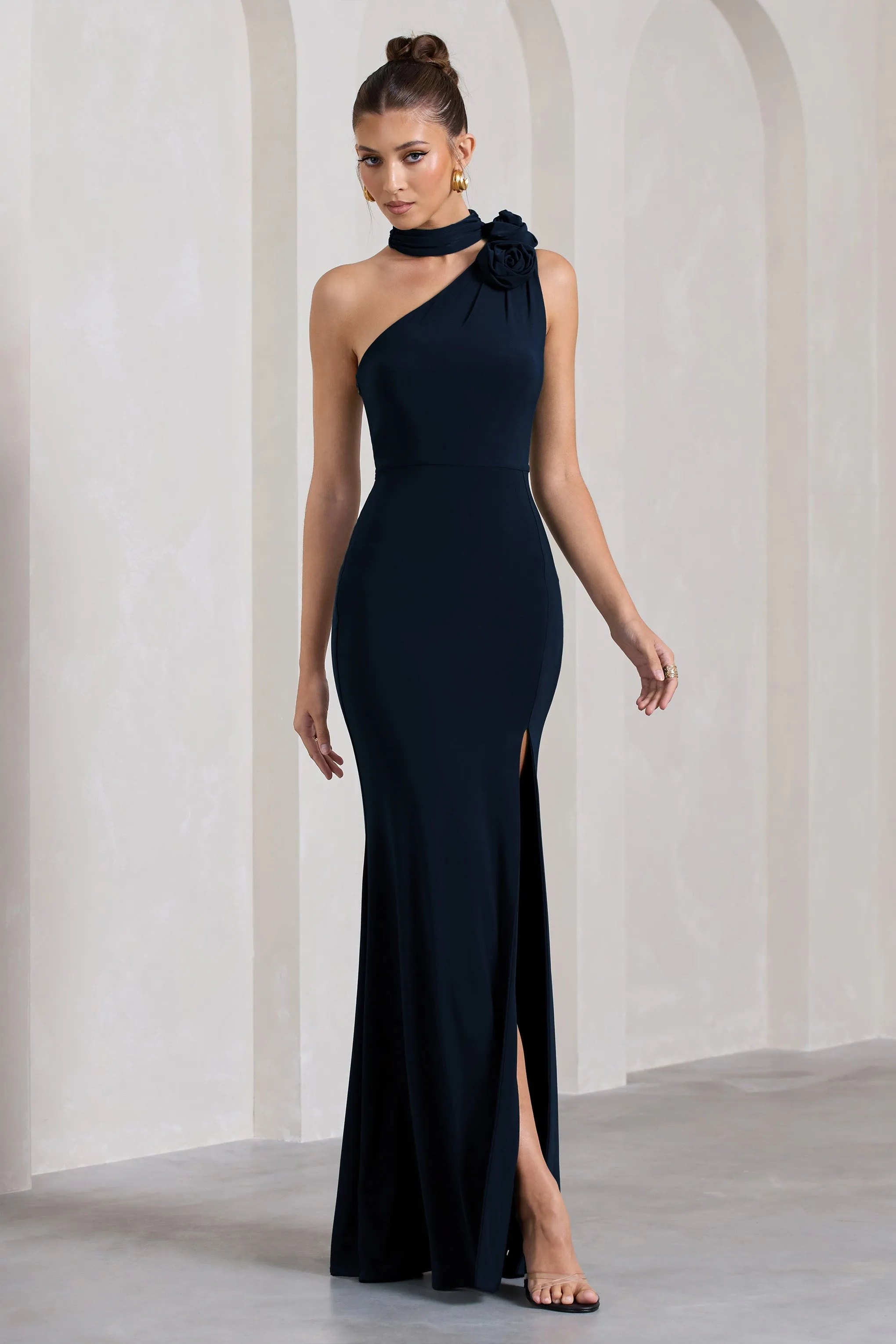 In Suspense | Navy One Shoulder Halter-Neck Split Maxi Dress With Flower