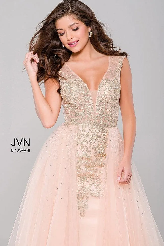 Jovani 41677 V-Neck Over Skirt Long evening Gown